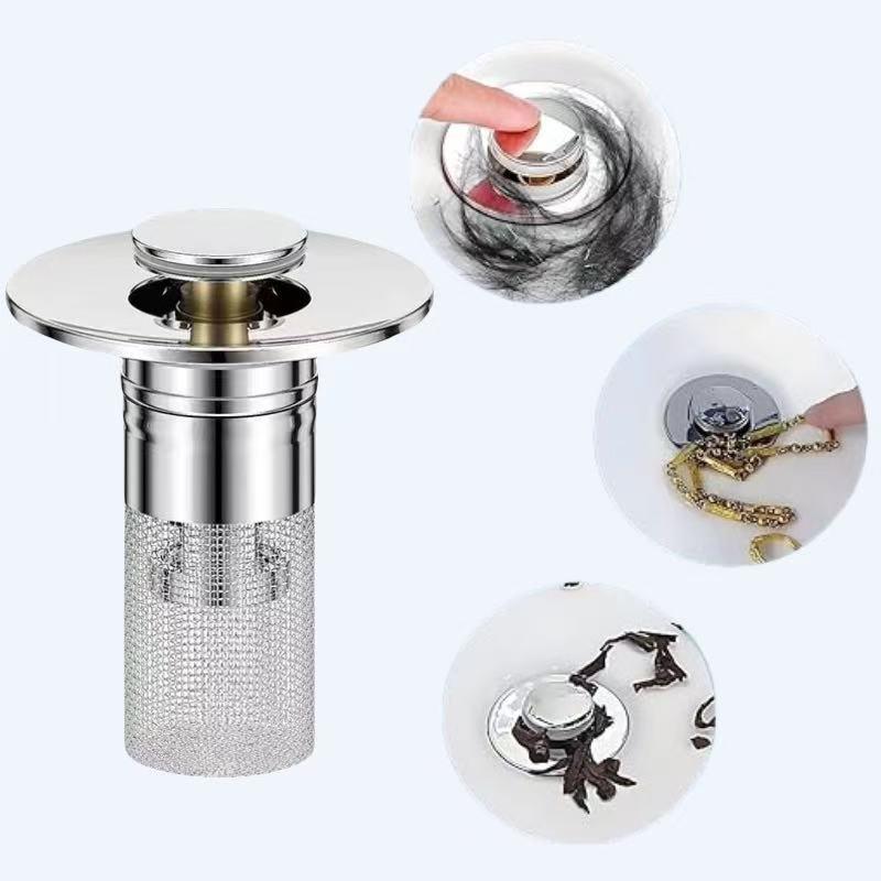 Bathroom Sink Stopper Hair Catcher,Pop-Up Bathroom Sink Drain Strainer with Removable Stainless Steel Filter Basket, Universal Sink Stopper for Bathroom & Kitchen,Modern Anti-Odor,Brass Core,Easy Installation,Drainage Function