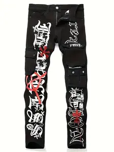 Men’s European & American fashion printed straight-leg black distressed jeans