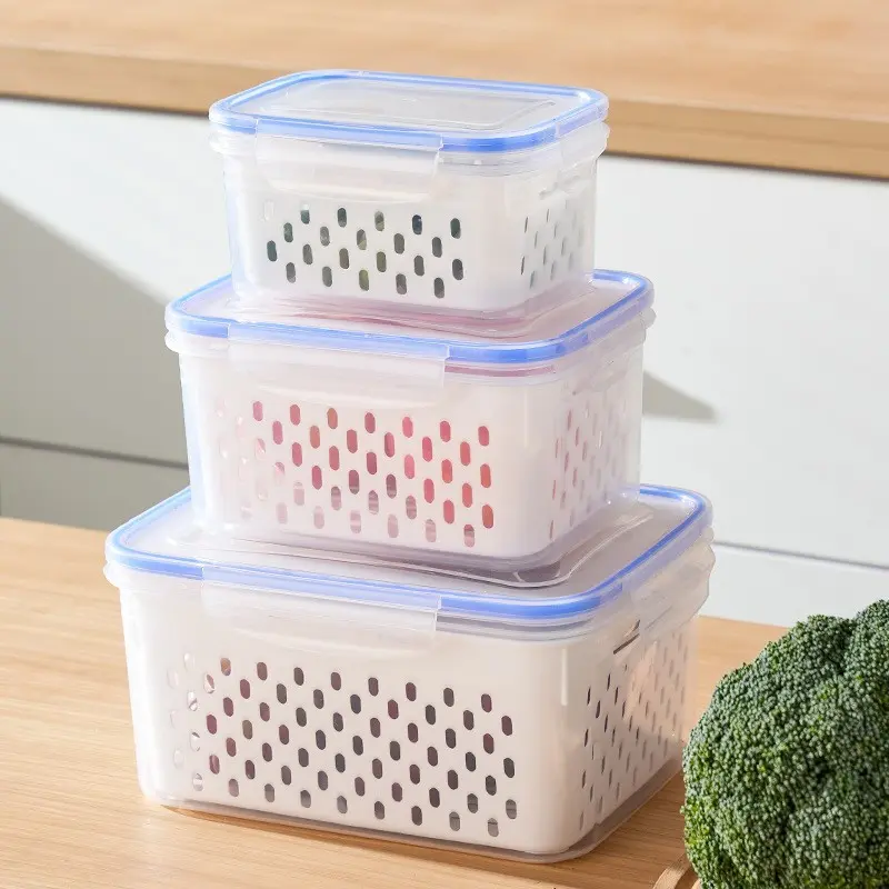 3pcs/Set Large Capacity Fruit Storage Containers With Lids, Kitchen Storage Container, with Removable Drain Colander, Airtight Food Keeper for Fridge & Dishwasher Safe, Extend Freshness for Berries, Fruits & Vegetables