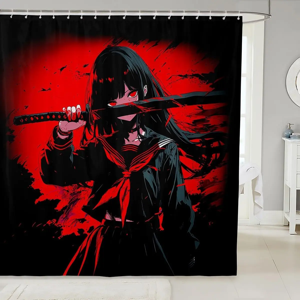 Japanese Anime Fabric Shower Curtains Anime Bath Curtain Japanese Shower Curtain Kawaii Animation Red Black Bathroom Accessories