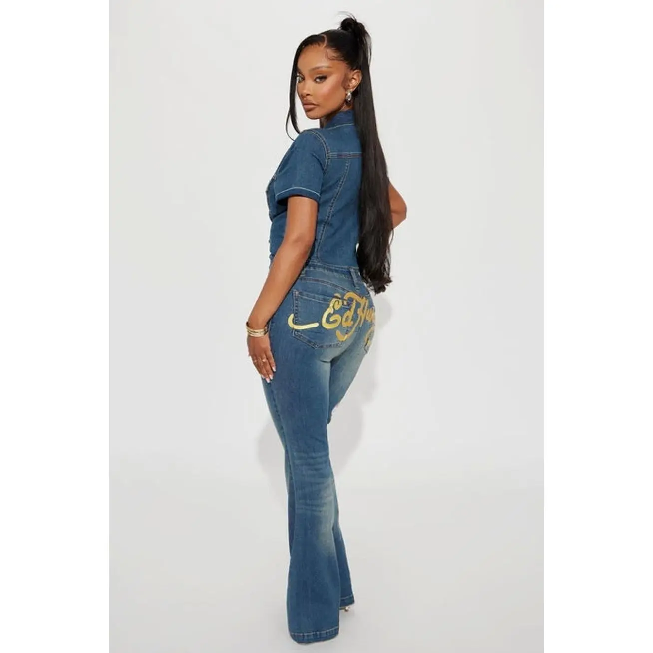 Women's Ed Hardy NYC Denim Jumpsuit - Medium Wash, Denim Look, Full Length, Multi-Size
