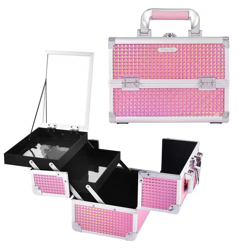 Joligrace Makeup Train Case Cosmetic Box 2 Trays Makeup Case Storage with Mirror Travel Makeup Box for Cosmetologist Aesthetic Supplies Nail Tech