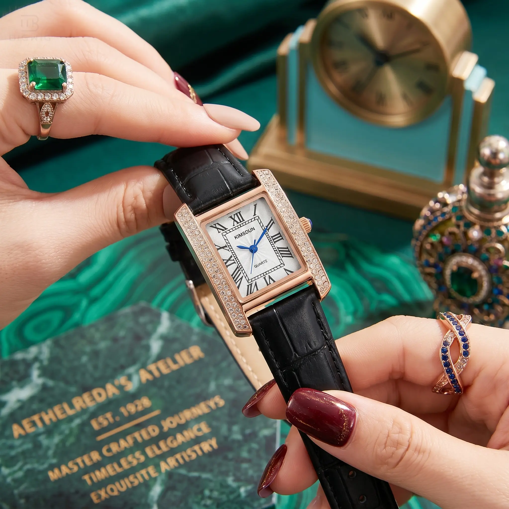Women's Vintage Rectangular Watch | Old Money Aesthetic Leather Strap Quartz Watch | Elegant Rhinestone Bezel Water-Resistant