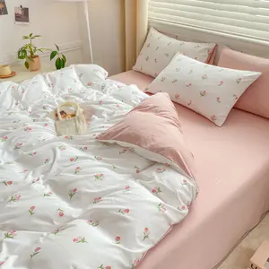 4-Piece Floral Quilt Cover Set Pink Tulip & Purple Lavender Print Suitable for All Seasons Soft & Breathable Country-Style Bedding for Bedrooms Room Decor Duvet Cover Set