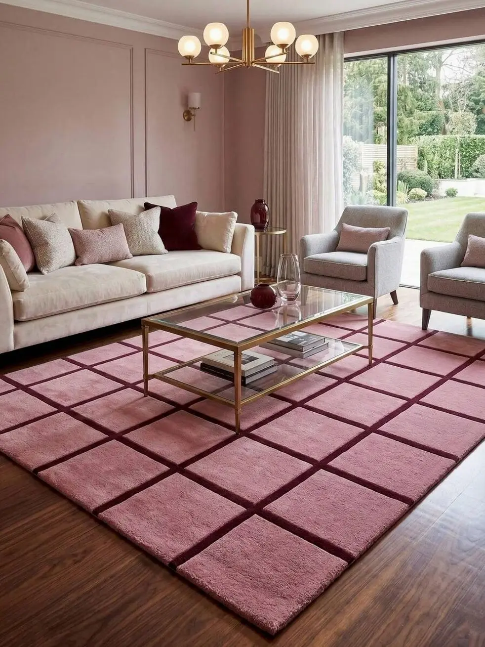 Carpet H1and Tufted Pink Grid Area Rug  H1andmade New Zealand Wool Carpet  Modern Geometric Checkered Floor Art For Living Room