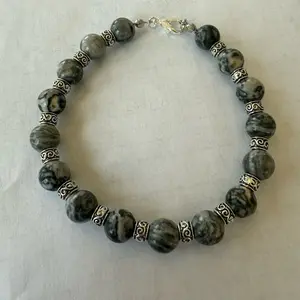 Black and Grey Jasper beaded bracelet with silver spacers