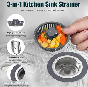 Upgraded 3 in 1 Kitchen Sink Drain Strainer - Stainless Steel Pop Up Sink Stopper Combo, Anti-Clogging Sink Food Catcher Basket, Fast Drainage Odor Filter Sink Plug for US Standard 3 1/2 inch Drain