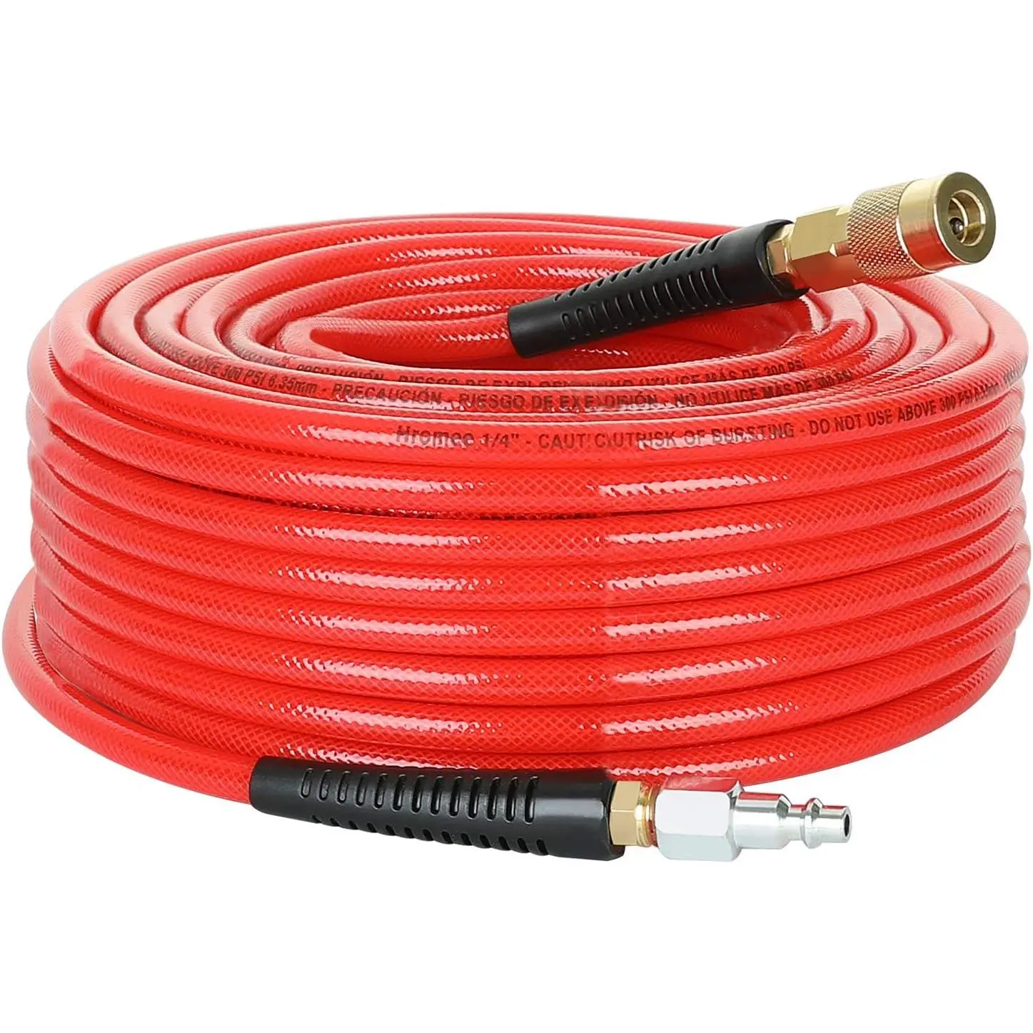1/4-Inch x 100  Polyurethane Air Hose with Bend Restrictors PU Compressor Hose with 1/4" Industrial Quick Coupler and Plug Kit, Red