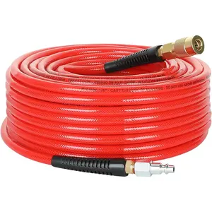 1/4-Inch x 100  Polyurethane Air Hose with Bend Restrictors PU Compressor Hose with 1/4" Industrial Quick Coupler and Plug Kit, Red