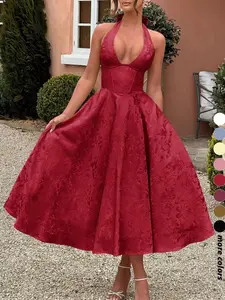 Fashion Elegant Chic Halter Lace-Up Embroidered Waist V-Neck Sleeveless Dress, Long Plain Party Gown, Evening Gown, Formal Wear, Fitted Style for Lady Women