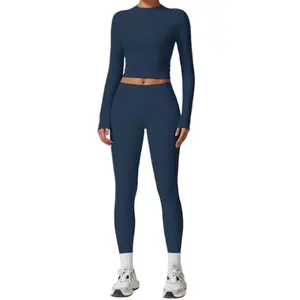 3 Piece Women's Solid Color Long Sleeve Top Set & Leggings - Clothing Comfort Outfits for Yoga Gym Workout Running, Lady Sportswear for All Season- Womenswear