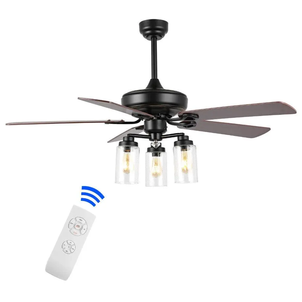 JONATHAN Y JYL9614A 52" Rustic Ceiling Fan Light, Farmhouse Chandelier Fan 3 Seeded Glass Lights, 5 Reversible Blades (Ashwood/Brown), 3-Speed Reversible Motor Remote, Black Finish Living Room Bedroom