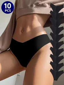 Women's 10pcs Solid High Cut Fitted Knickers, Soft Comfy Breathable Seamless Panty for Daily Wear, Women's Underwear for All Seasons