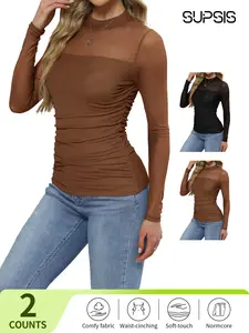 Women's Contour Long Sleeve Mesh Body Sculpting Top, Premium Seamless Leotard for Evening Wear, Breathable Comfortable Versatile Style,Spring Break Outfit,Summer Fashion,Slim Fit Blouses,Slim Fit Ruched