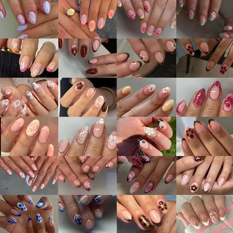 576 Piece Acrylic Press-On Nails Set, Short Oval Leopard French Flower Bow Design, Easy Wear Nail Art for Women Girls, Acrylic Fake Nails, Acrylic False Nails