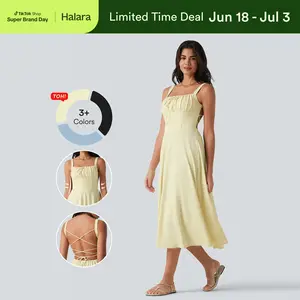 【Creator’s Pick】Halara Lemon Sea Salt Crisscross Backless Square Neck Sleeveless Ruched Built-in Bra Midi Resort Flowy Dress