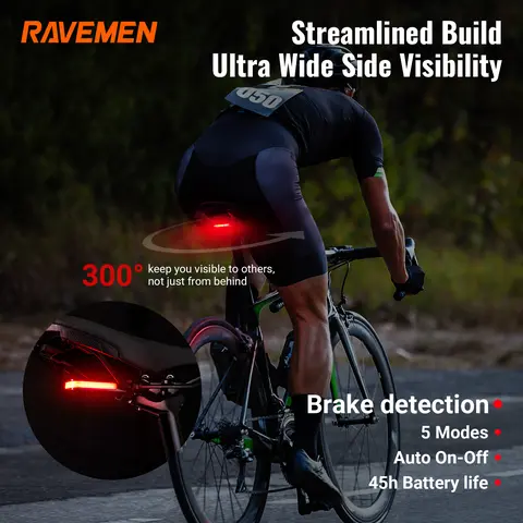 RAVEMEN CL01 Smart Brake Rear Cycling Light, 300° Wide-Angle, 22g Ultra-Light, Saddle Rail + Seatpost Fit (Round/Aero Posts), Cable, Long-Lasting Battery-Powered, Automatic On-Off, Moisture Resistant, for Enduro Ebikes