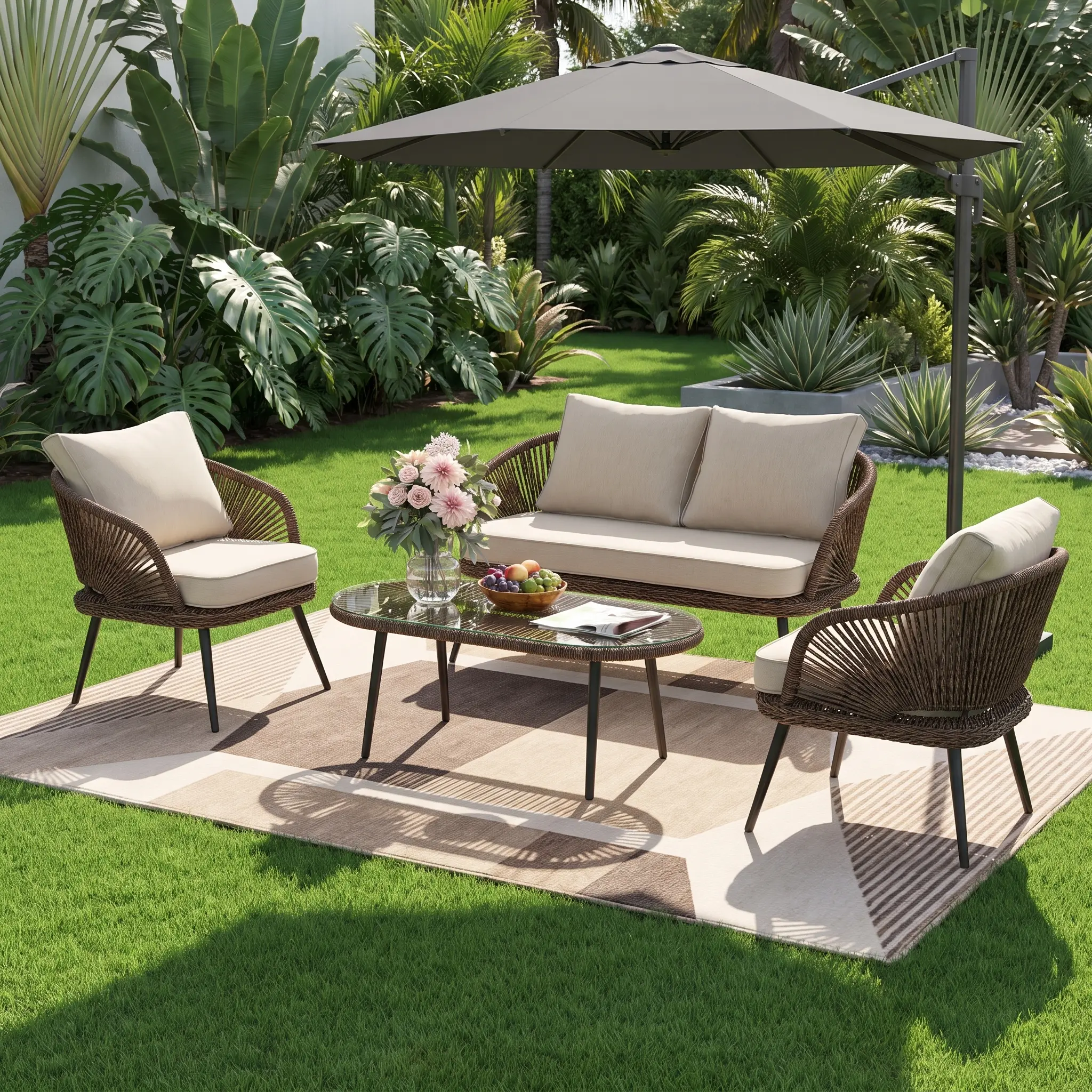 Contemporary 4-Piece Waterproof All-Weather PE Rattan Outdoor Patio Set - Loveseat, 2 Chairs, Glass Top Coffee Table, Removable Cushions, 330 lbs Per Chair, 450 lbs Per Loveseat, Stable for Garden, Porch, Four, Poolside