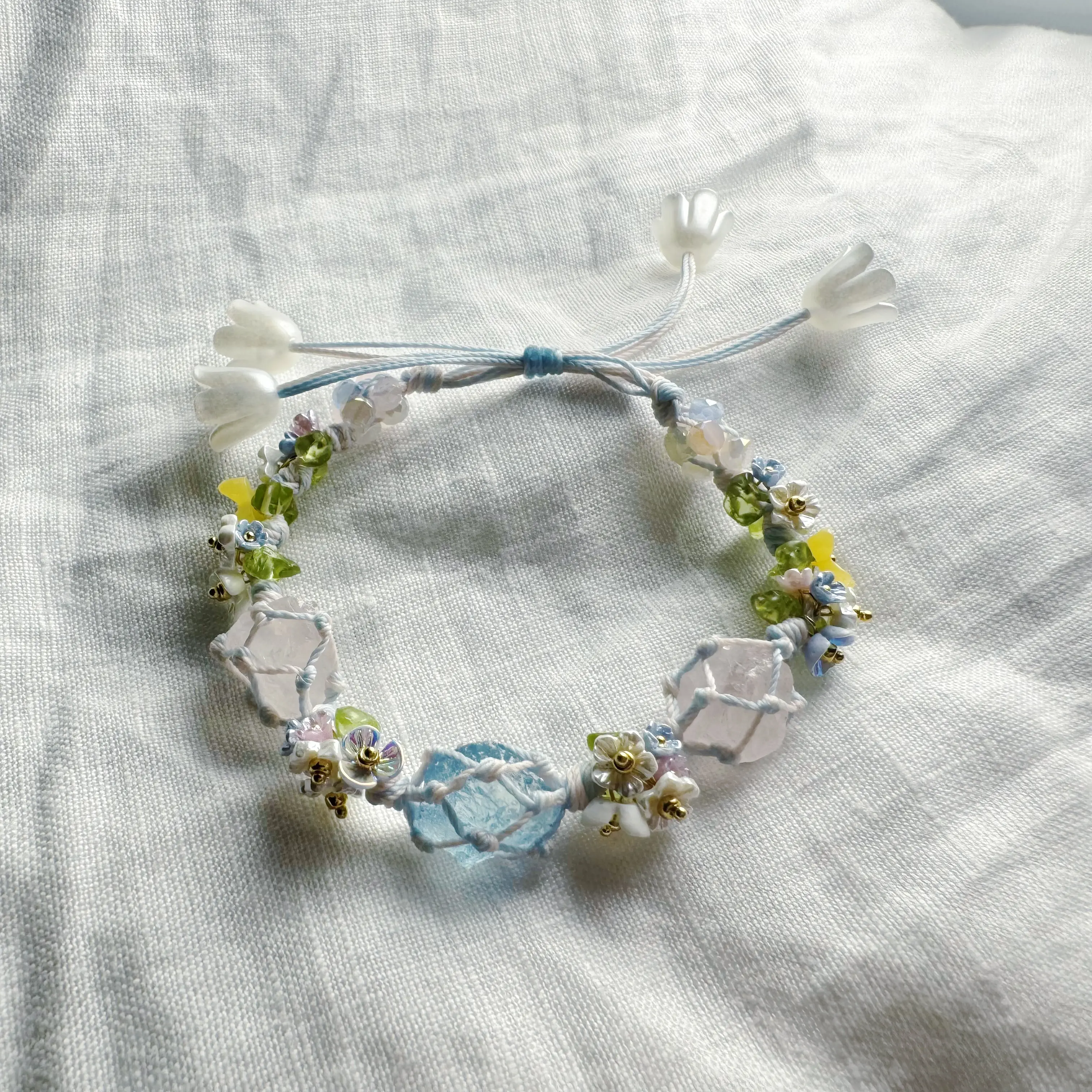 Christina Flowers in Bloom macrame bracelet, Handmade Handcrafted Natural Gemstone Crystal Bracelets, quartz Stone, beauty flowers, romantic