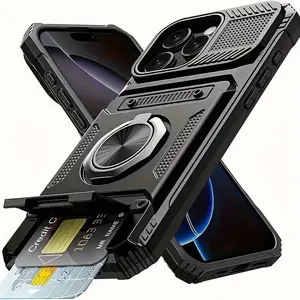iPhone 16, 15, 14, 13, And 11 Pro Max Plus, This Heavy-Duty Shockproof Hard Shell Phone Case Features A Magnetic 360° Rotating Metal Stand And Hidden Dual Card Protective Wireless