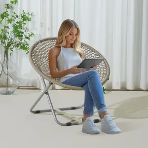 ROPECUBE-Boho Foldable Macrame Chair, Portable Brown Woven Hammock Chair with Stable Steel Frame, Space-Saving Folding Seat for Camping, Balcony & Bedroom