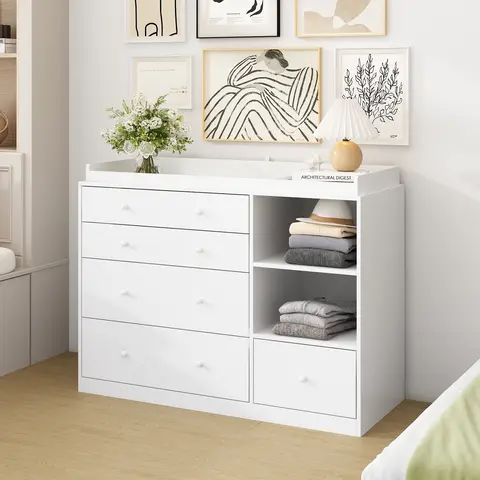 FUFU&GAGA Classic 5-Drawer Wood Bedroom Dresser - Rectangle Modern Waterproof Storage Cabinet, 2 Open Shelves, Sturdy White Knobs, Type C Drawers, Ample Storage, Assembly Required Furniture for Bedroom, Easy Manual Setup for Nursery