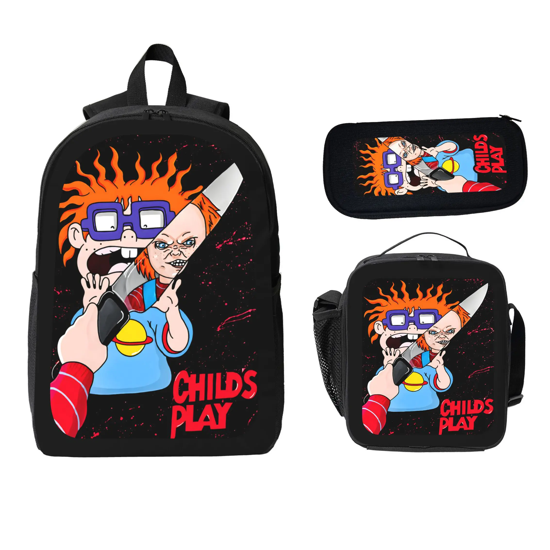 Horror Movies Backpack Set - Durable Polyester 3-Piece Backpack, Lunch Bag, Pencil Case, Large Capacity, Lightweight Travel Daypack, Back to School, Halloween for Boys, Girls, Teens, Students, Viral, Trendy
