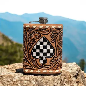 8oz checker Spades tooled leather flask 