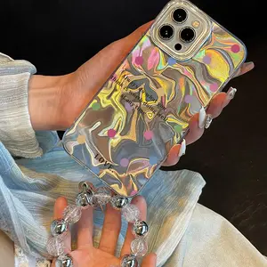 Glossy Bling Phone Case with Beaded Wrist Strap, Shockproof Phone Protective Cover, Phone Accessories Compatible with iPhone 11 12 13 14 15 Pro Max, Casing