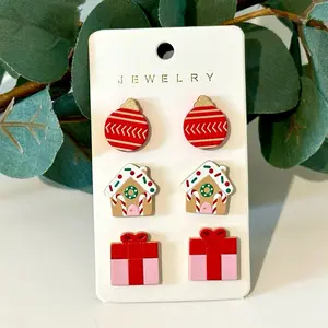 Set of 3 Pairs Red Ornament Gingerbread House Christmas Gift Stud Earrings