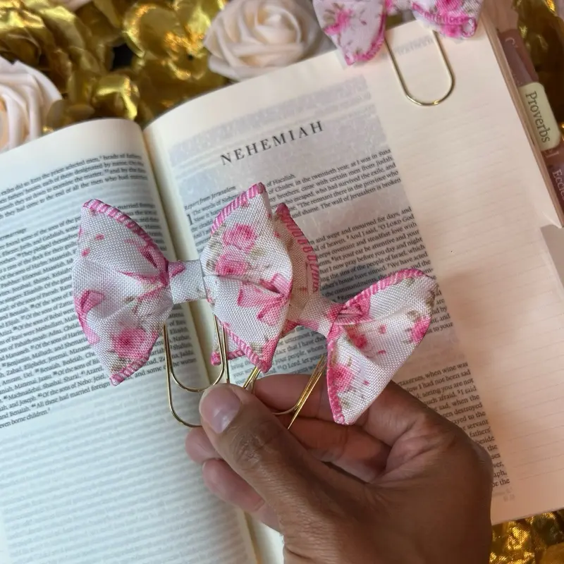 White Bow Bible Bookmark Clip With Pink Bows And Flowers: Gold Paperclip