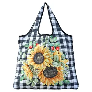 212 MAIN J4431 Jumbo Eco-Friendly Fashionable Lightweight Stylish Reusable Shopping Bag, Large Versatile Tote - Gingham Sunflower, Fashionable Shopping Bag, Lightweight Shopping Bag