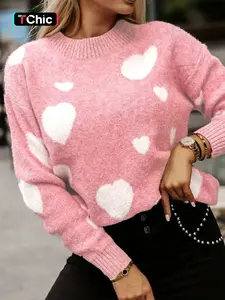 Women's Heart Print Drop Shoulder Sweater Pullover, Casual Long Sleeve Round Neck Jumper for Fall & Winter, Fashion Ladies' Knitwear for Daily Wear Valentine's Day, gift