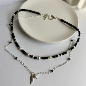 Midnight Protection Black Obsidian Layered Necklace with Feather Charm & Freshwater Pearls Stainless Steel Silver Plated Fashion Jewelry for Women