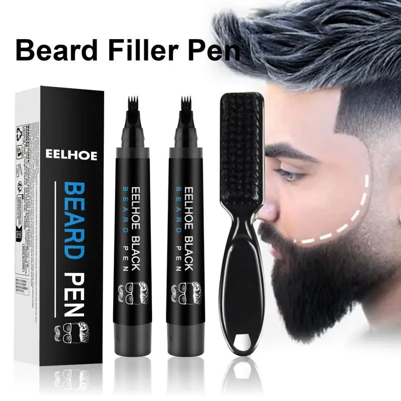 EELHOE Men's Beard Filler Kit (2 Units with Brush, Pen) - Beauty Products, Daily Patchy Areas Concealer, Natural Finish, Waterproof, Sweat-Proof, Easy Activation, Smudge-Resistant Touch-Up Tool, Blendable, Light Application, Fuller Look
