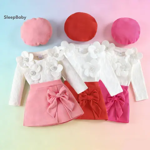 Toddler Baby Girls' Clothing Gift Set - 3D Flower Cotton Blend 2-Piece Outfit (Long Sleeve Ribbed Top, A-line Skirt, Beret), Autumn Wear for 12-18m, 18-24 Months