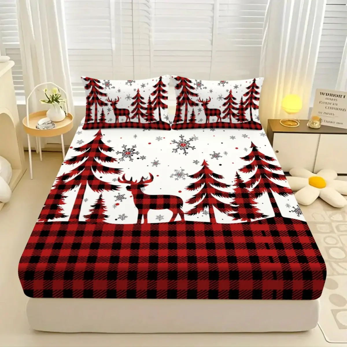 3pcs Christmas Red & Black Plaid Bed Sheet Set with Deer & Pine Tree Pattern - Soft Beige-Friendly Fitted Mattress Protector, Bed Skirt & 2 Pillowcases (No Comforter), All-Season Winter Bedding Twin/Full/Queen/Size Beds