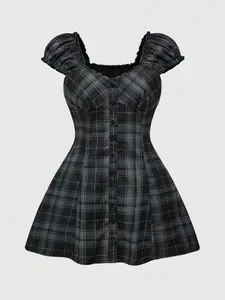 ROMWE Grunge Punk Contrast Lace Puff Sleeve Cinched Waist Plaid Mini Dress For Plus Size Women, School Girl Style,Back To School