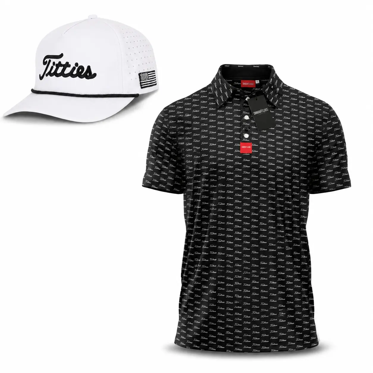 Ultimate Titties Bundle – White and Black Titties Hat and Black Titties Polo
