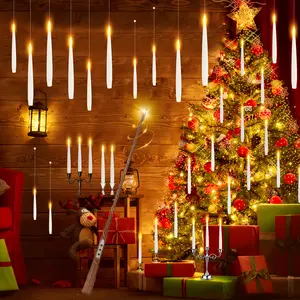 Floating Candles with Wand Remote, 20pcs Flameless Taper Candles Christmas Decorations, Battery Operated Hanging Flickering LED Window Taper Candles for Christmas Wedding Party Decor Halloween Light