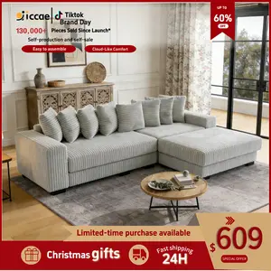 Niccae 111-in Modern L-Shape Corduroy Upholstered Sectional Couch with Recliner, Chaise & Extra-Wide Lounge Loveseat, 8 Free Pillows - Living Room Apartment Furniture, Upholstered Couch