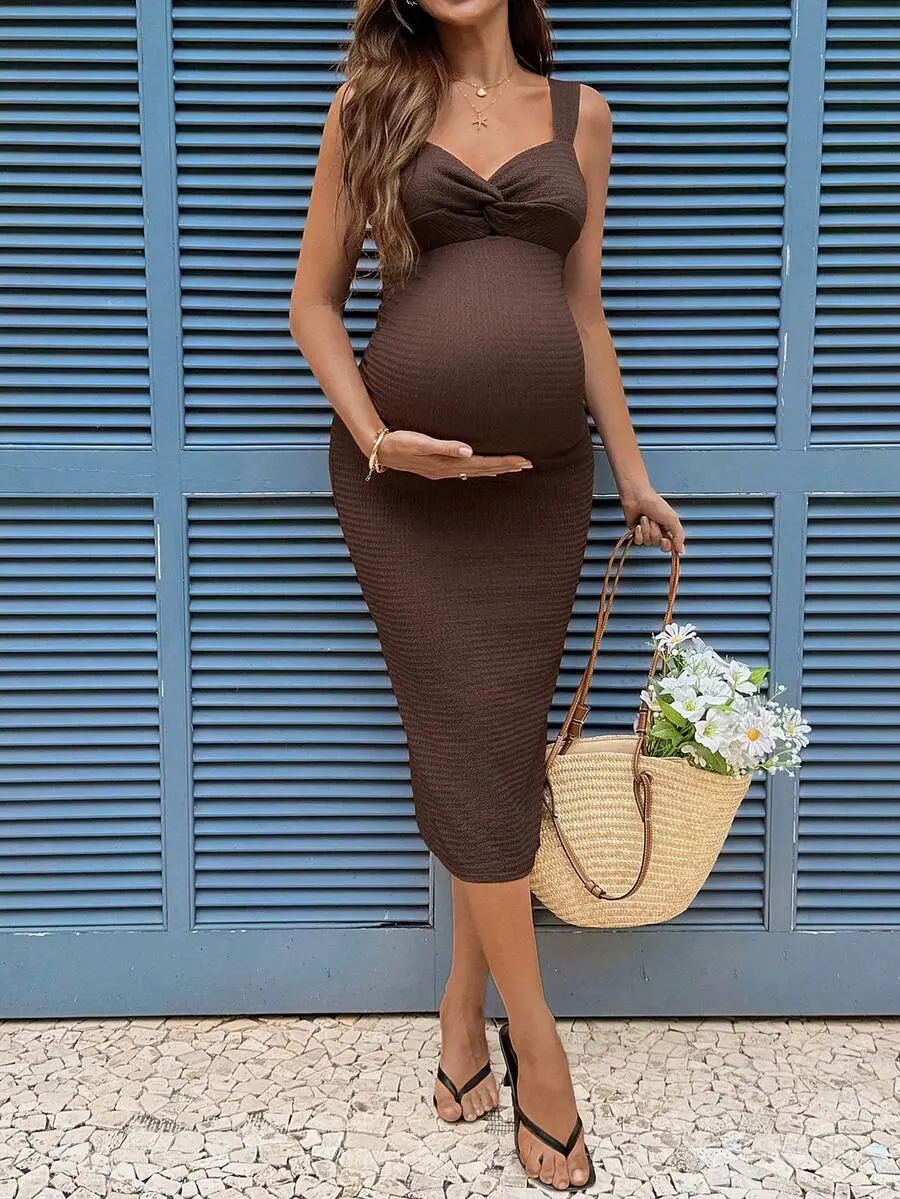 MaterniRIO Maternity Solid Color Twist Design Fitted Elegant Dress