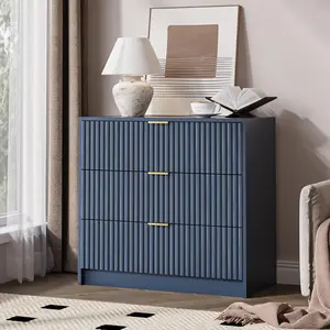 Fluted Dresser for Bedroom, 32 Inch Wide Nightstand with Large Drawer, 3 Drawer End Table for Bedroom, Living Rooms, Offices, and Entryways, Navy Blue