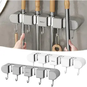 Multifunctional Mop Holder with Hook, Broom Mop Holder with 4 Racks 5 Hooks, Heavy Duty Mop Holder, Self Adhesive Mop Holder Wall Mounted, Broom Holder Wall Mount for Kitchen, Bathroom, Closet