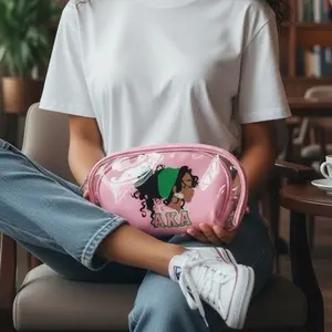 AKA Makeup Bag Storage Pink Green with Character Design and Clear Accents