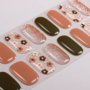 16pcs Autumn Winter Gel Nail Strips, Shiny Flower Self-Adhesive Full Set, UV Lamp Required, Easy Apply & Remove, DIY Nail Art Kit, Nail Art Stickers