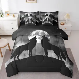 Wolf 7 Piece Bed in a Bag,Howling Wolves Wild Animal Bedding Set,Bed Sheets,Gothic Moonlight Moon Comforter Set