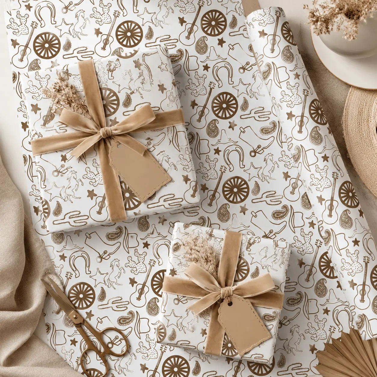 Minimalist Brown Western Icon Gift Wrapping Paper Sheet - Cute Cowboy Hat Horseshoe Guitar Wrap for Birthday Decor