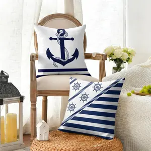 Navy Patterns luxury Cushion Cover Summer Linen Pillow Case Breathable Eco-Friendly Natural Fabric Cushion Cover, Double-Sided Print Decorative Pillow Cover with Invisible Zipper, Durable Sofa Couch Pillowcase for Living Room Home Decor