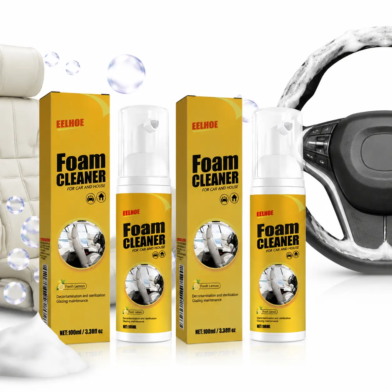 EELHOE Car Interior Cleaner & Deodorizer Spray - Lemon, pH-Neutral High-Foam Formula for Cars, Fresh Long-Lasting Scent, Deep Clean Leather, Vinyl, Carpet & Plastic, No Residue